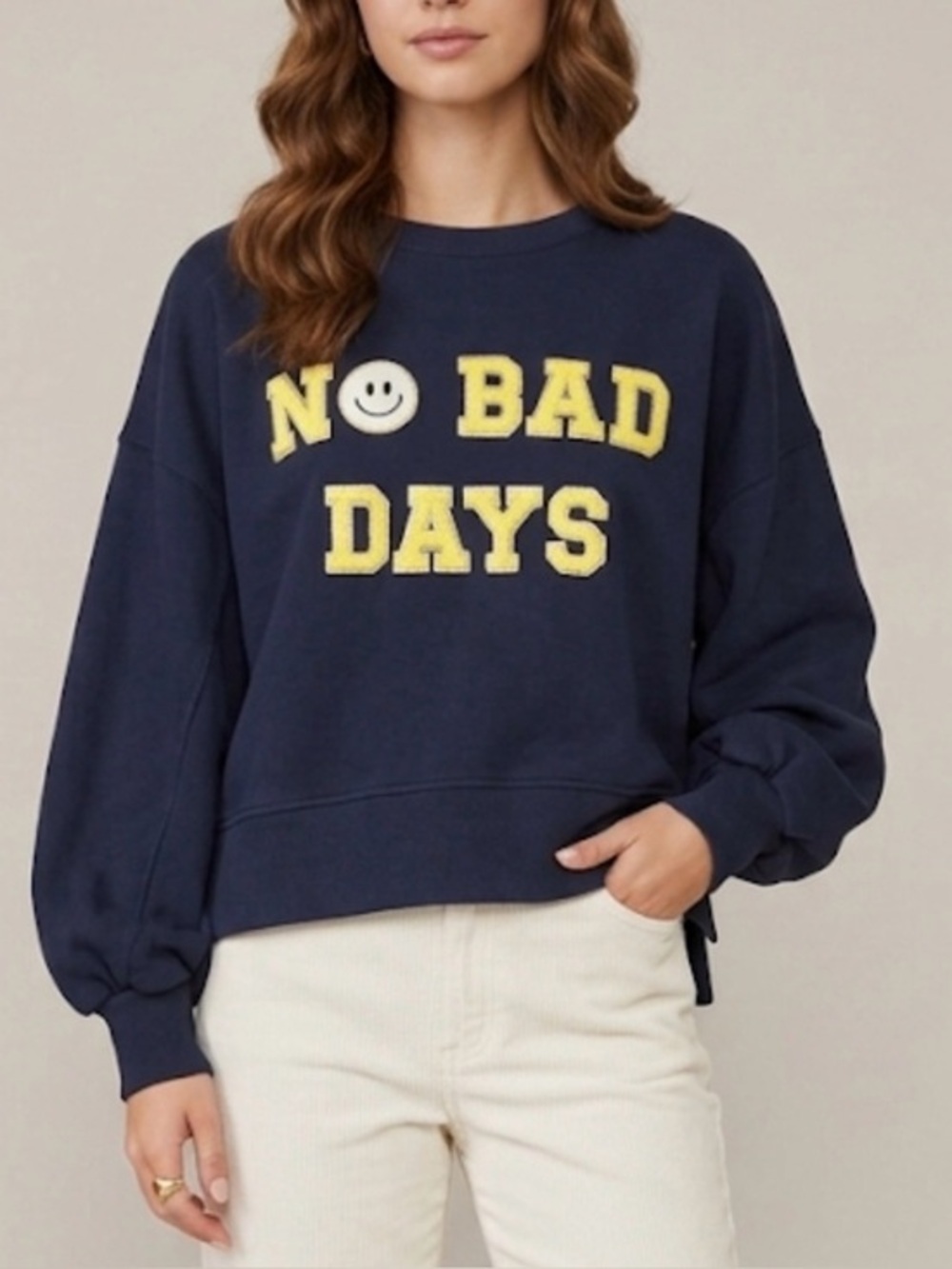 JUDITH MARCH Navy Blue No Bad Days Smiley Face Graphic Sweatshirt